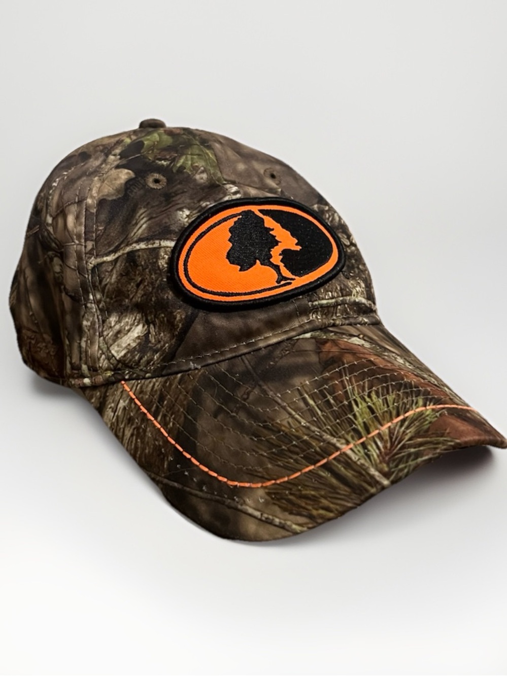 Mossy Oak Signature Stretch Camo Baseball Hat Cap Orange Logo and Stitching